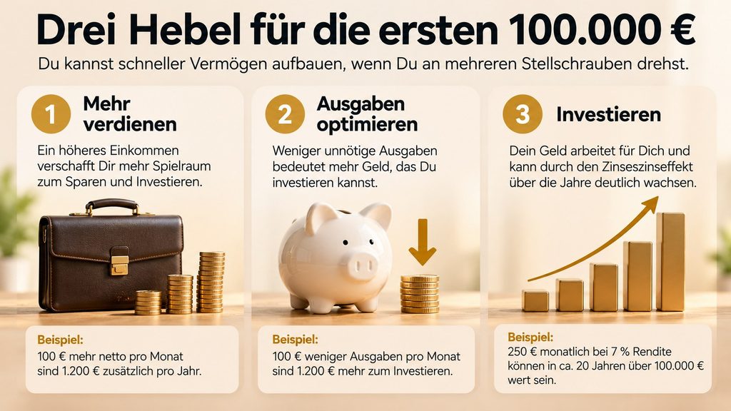 Drei Hebel für die ersten 100.000 Euro Vermögen: mehr verdienen, weniger ausgeben und investieren